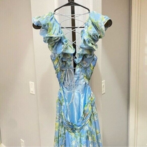 Ieena Mac Duggal Ruffle Tiered Floral Cutout Chiffon Gown 10 Blue Lace Up - Picture 6 of 9